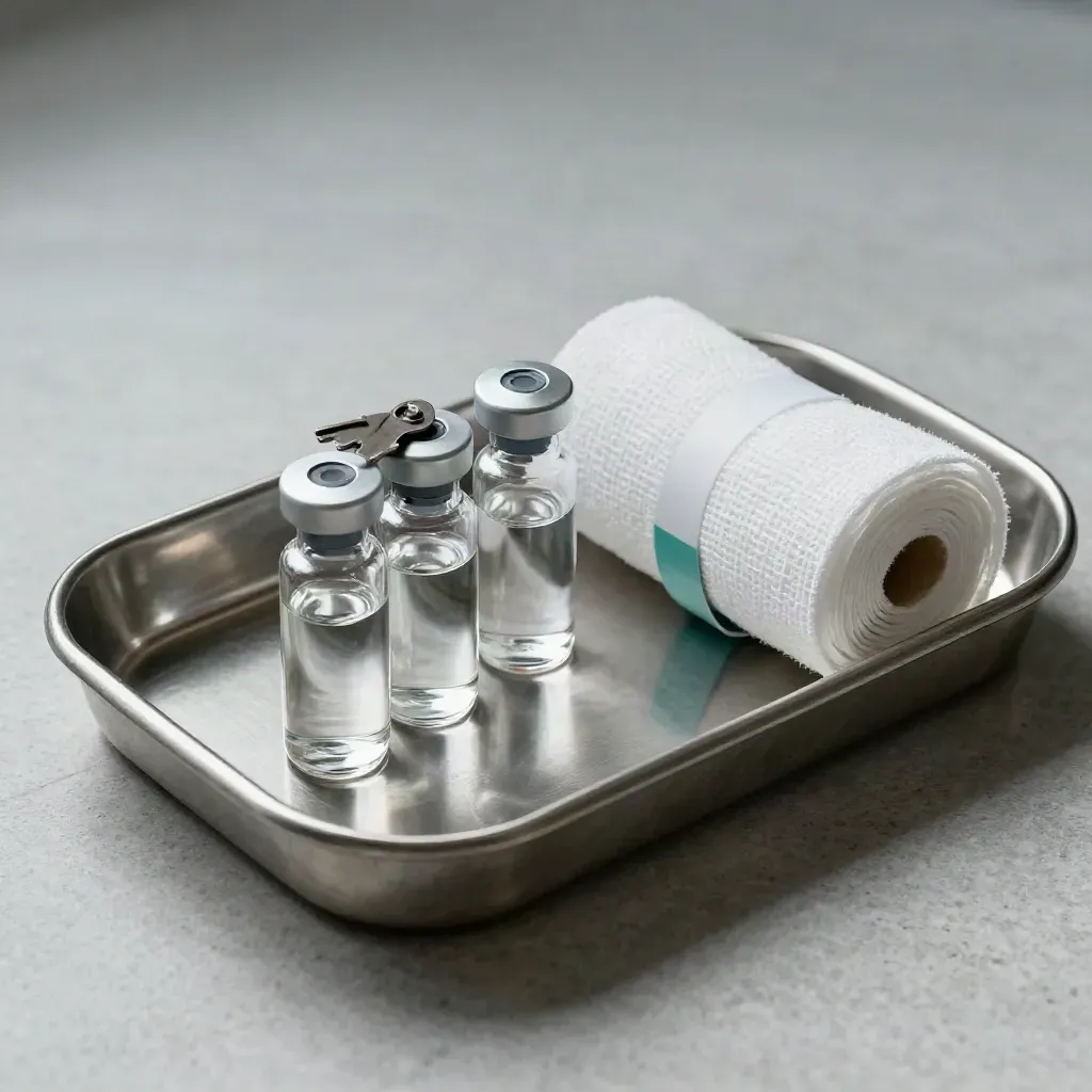 Brushed-metal vial tray with glass ampoules and gauze rolls in cool clinical light