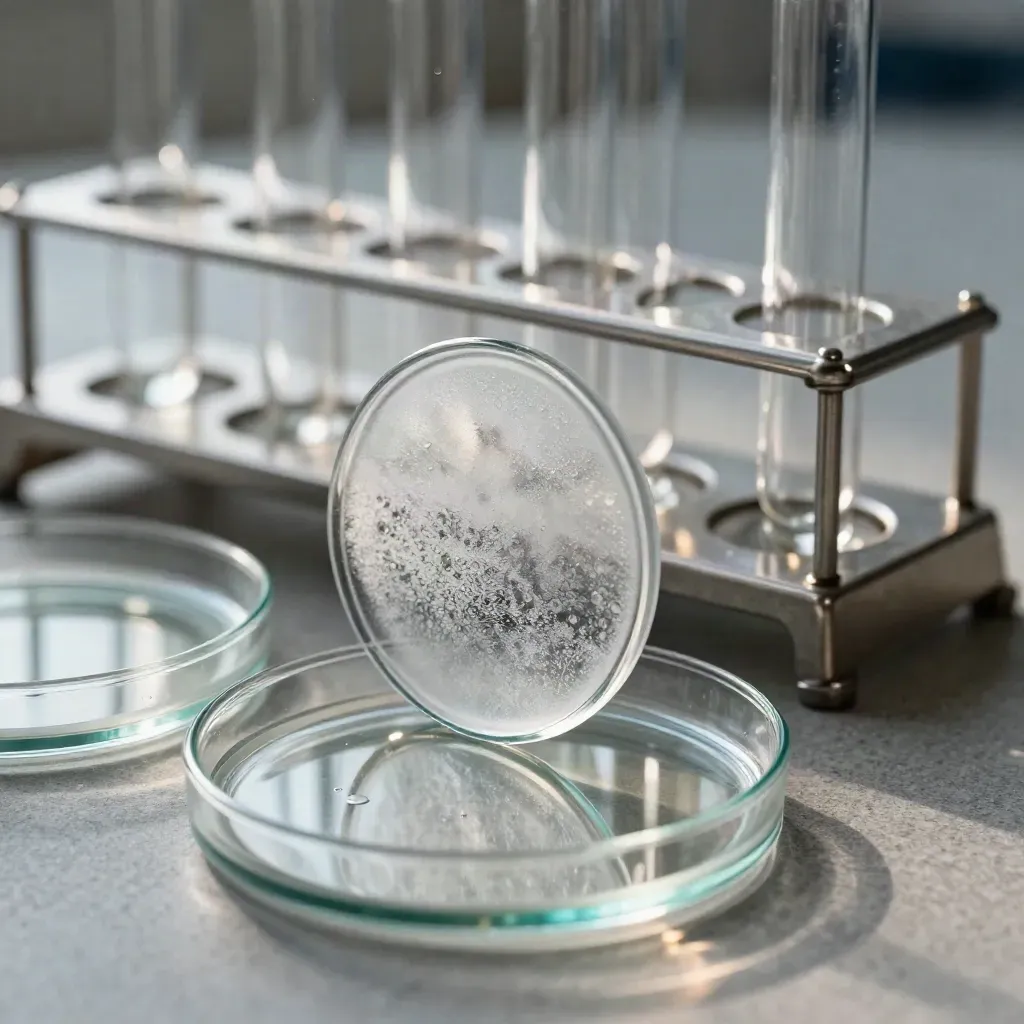 Macro of frosted petri dishes, glass cuvettes, and a steel rack on stone