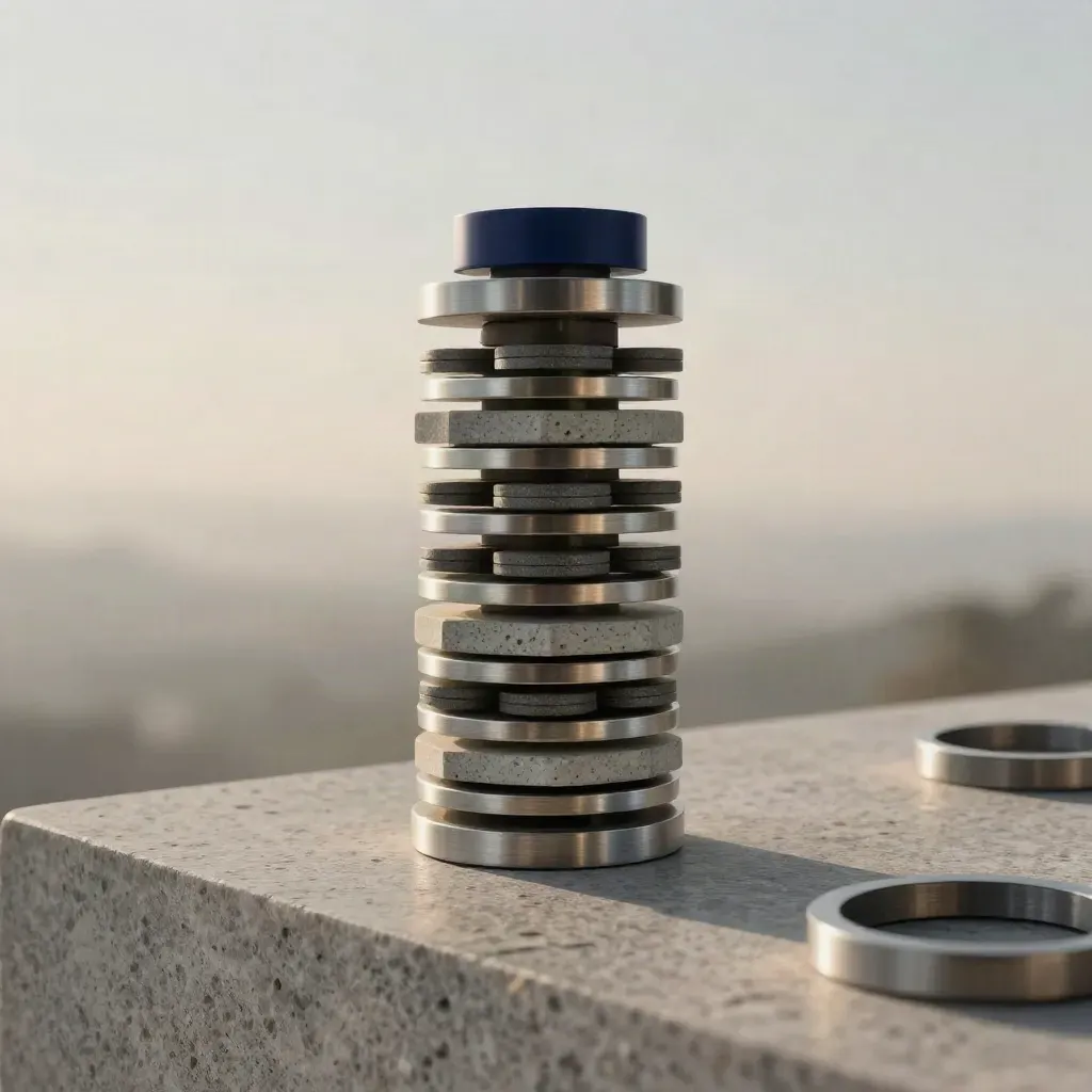 Brushed metal decision kit, stone tiles, and graphite tokens on a damp limestone plinth