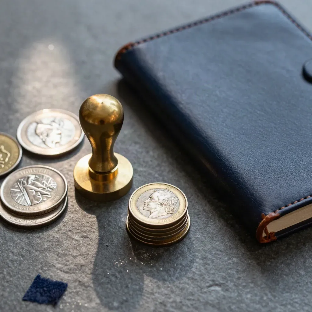 Brass seal stamp, coin trays, and leather ledger on stone with navy accent.