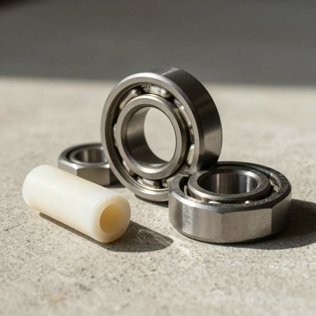 Machined bearings, hex spacers, and a graphite gasket on concrete with metallic dust.