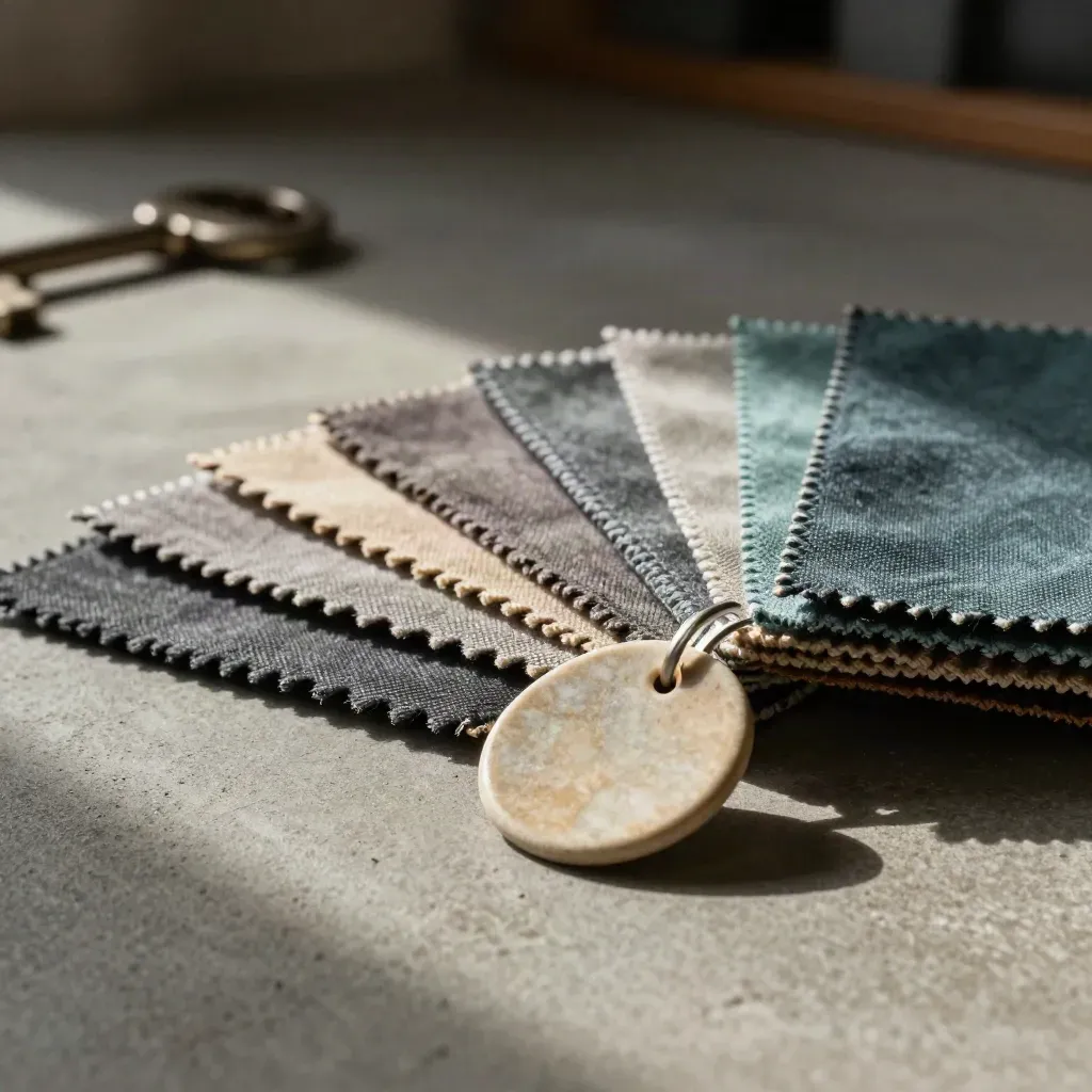 Fabric swatches and ceramic chips on a concrete slab, lit dramatically in warm studio light.