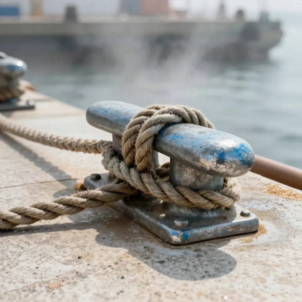 Macro harbor still life of cleats, shackles and hemp line on a misty dock.