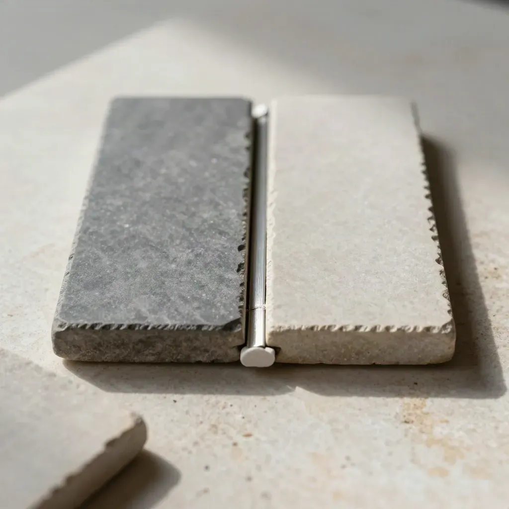 Matte stone comparison tiles with a brushed-metal hinge strip on pale stone.