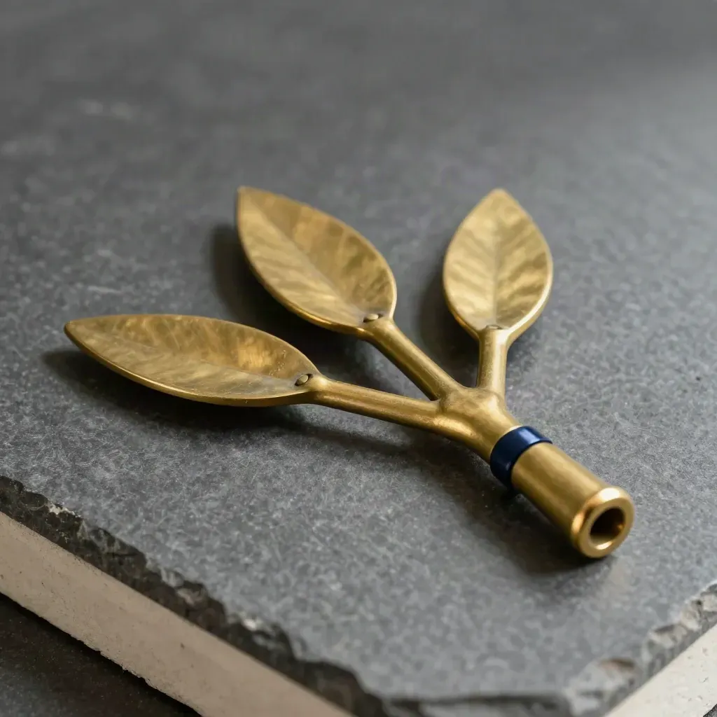 Brass branching drafting template with spacer pucks on a graphite surface, lit dramatically