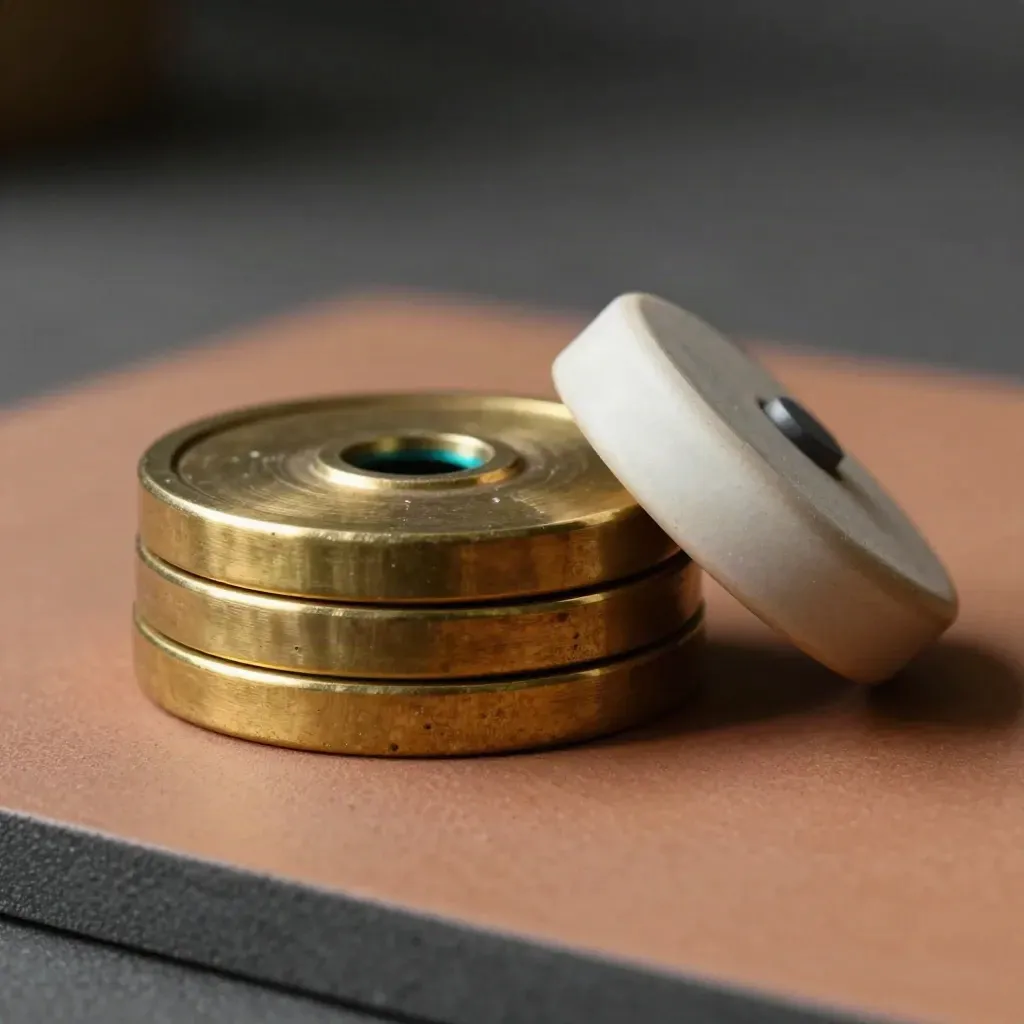 Brass weight discs balancing on a ceramic puck beside a graphite scoring tray.