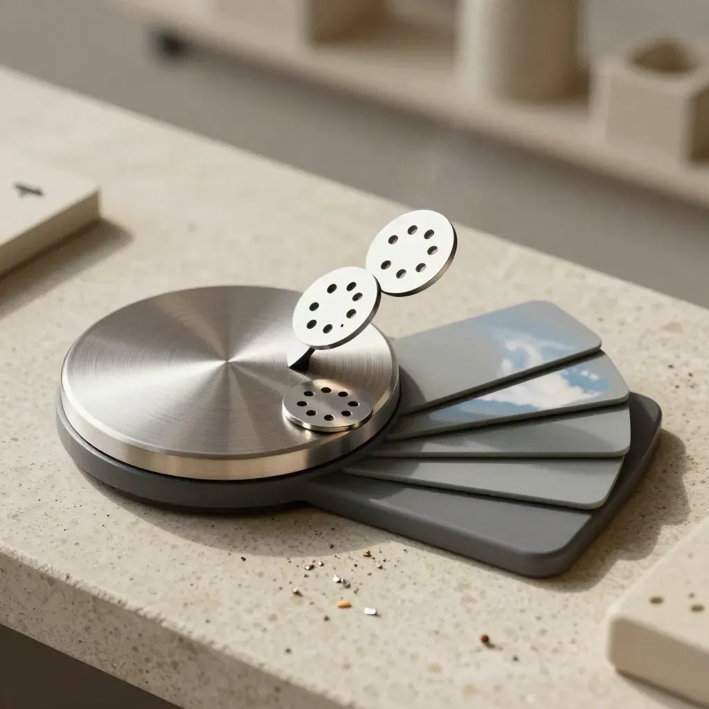 Brushed metal selector wheel with perforated tokens and blank tabs on a stone workbench.