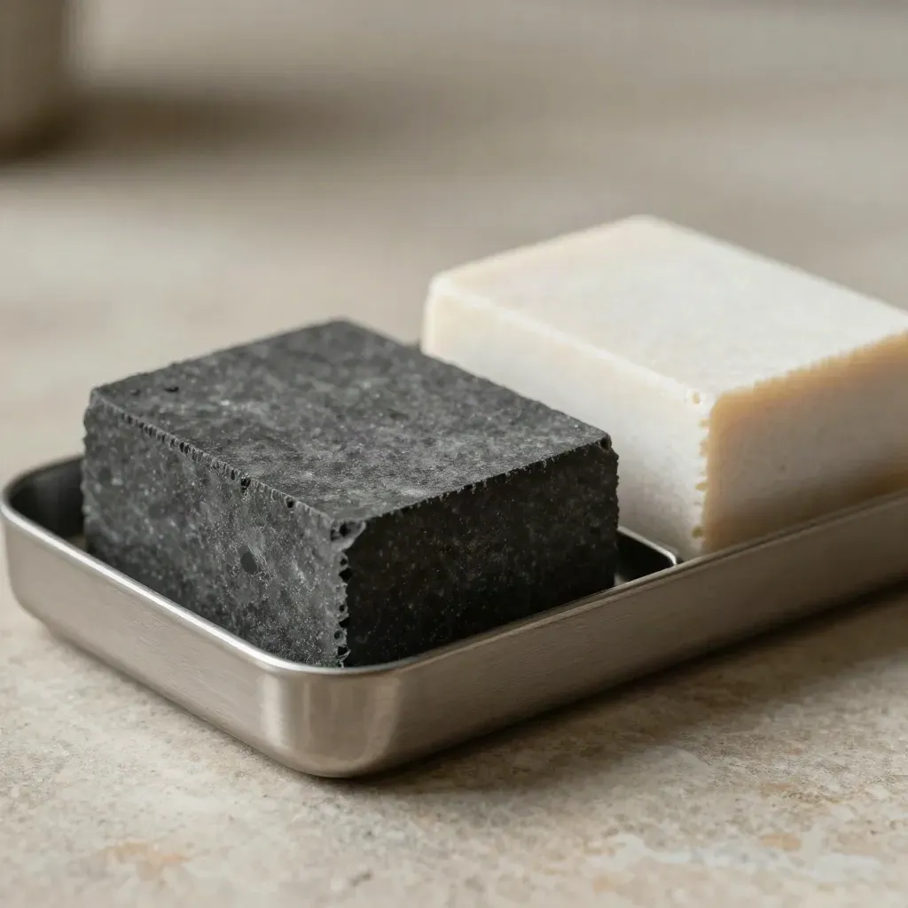 Two comparison blocks in a split tray on stone, lit from upper left.