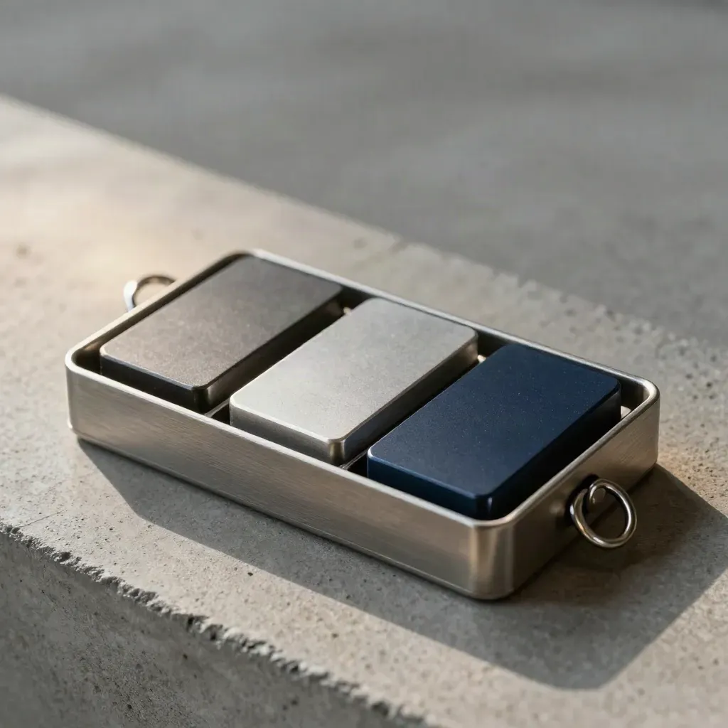 Brushed-metal caddy with three material chips and a clip ring on poured concrete.
