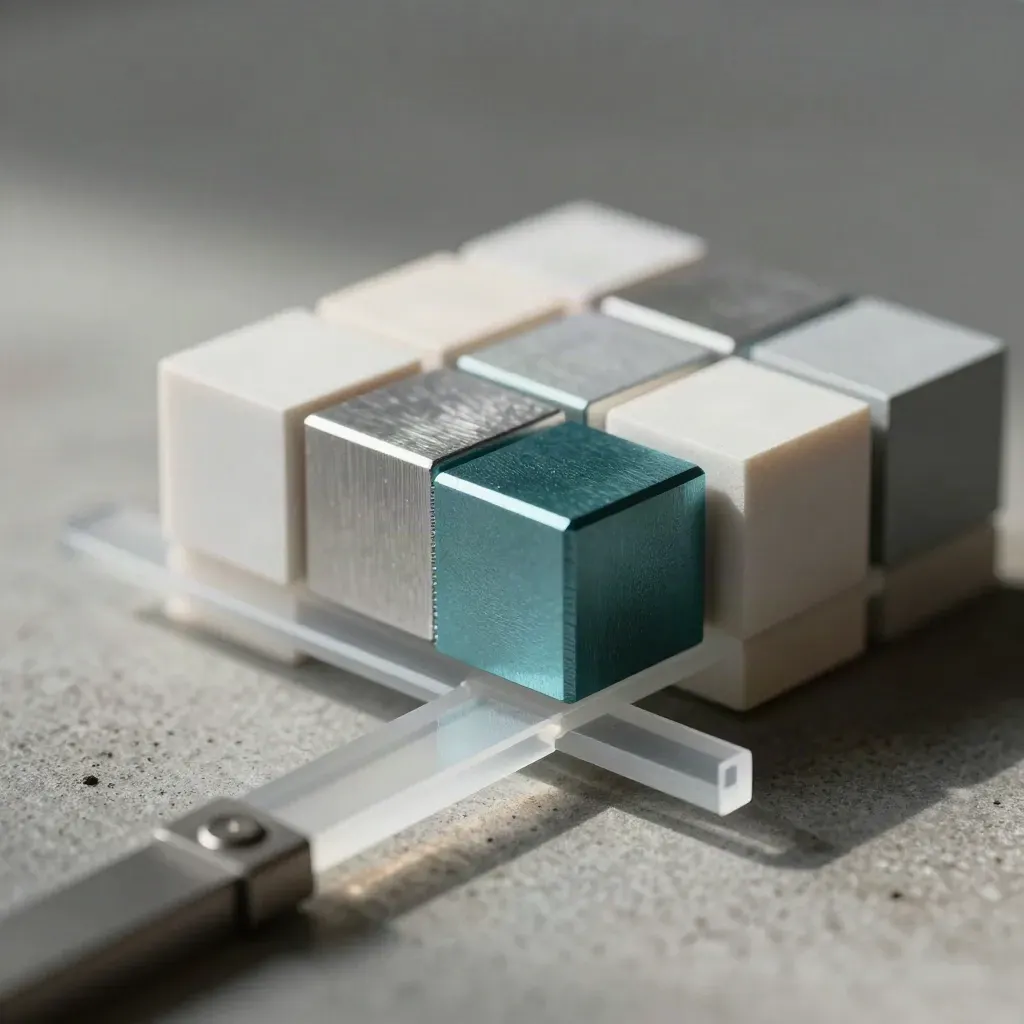 Macro still life of prototype blocks, aluminum cubes, and an alignment bar on concrete.
