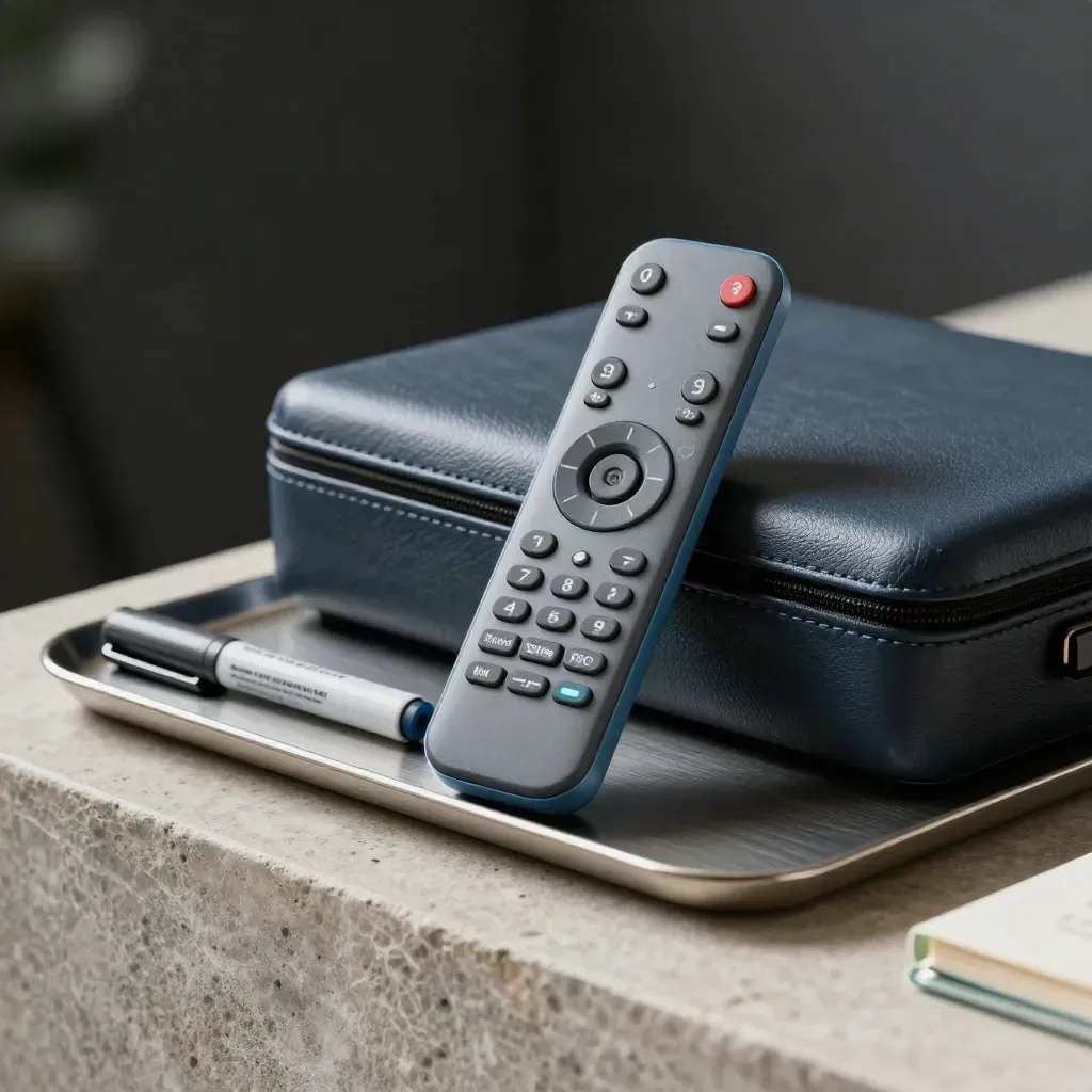 Sales remote, demo case, and marker on stone under dramatic studio light.