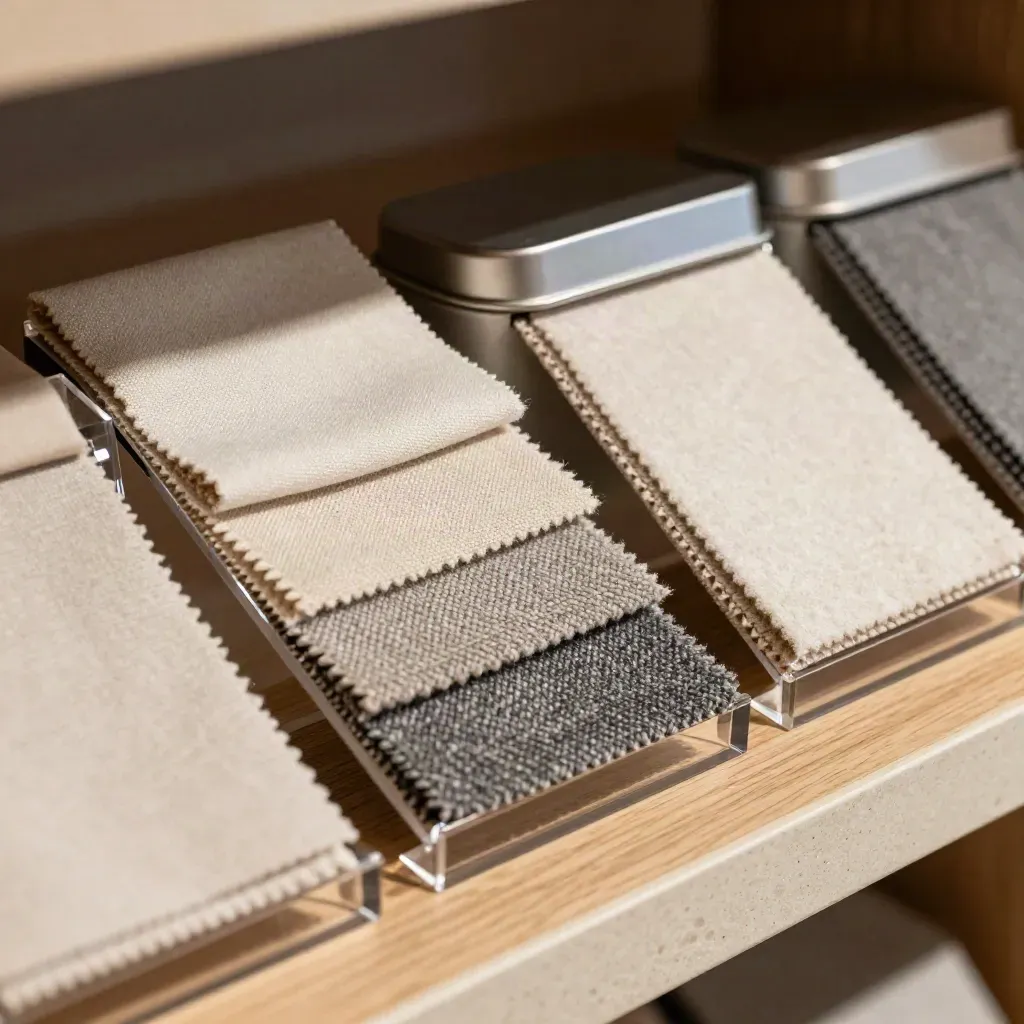 Fabric swatches, sample tins and acrylic risers on a warm retail surface, lit by skimming daylight.