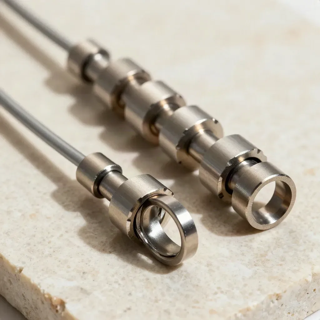 Linked machined rings, connector blocks, and a cable ferrule on cream stone, viewed from above.