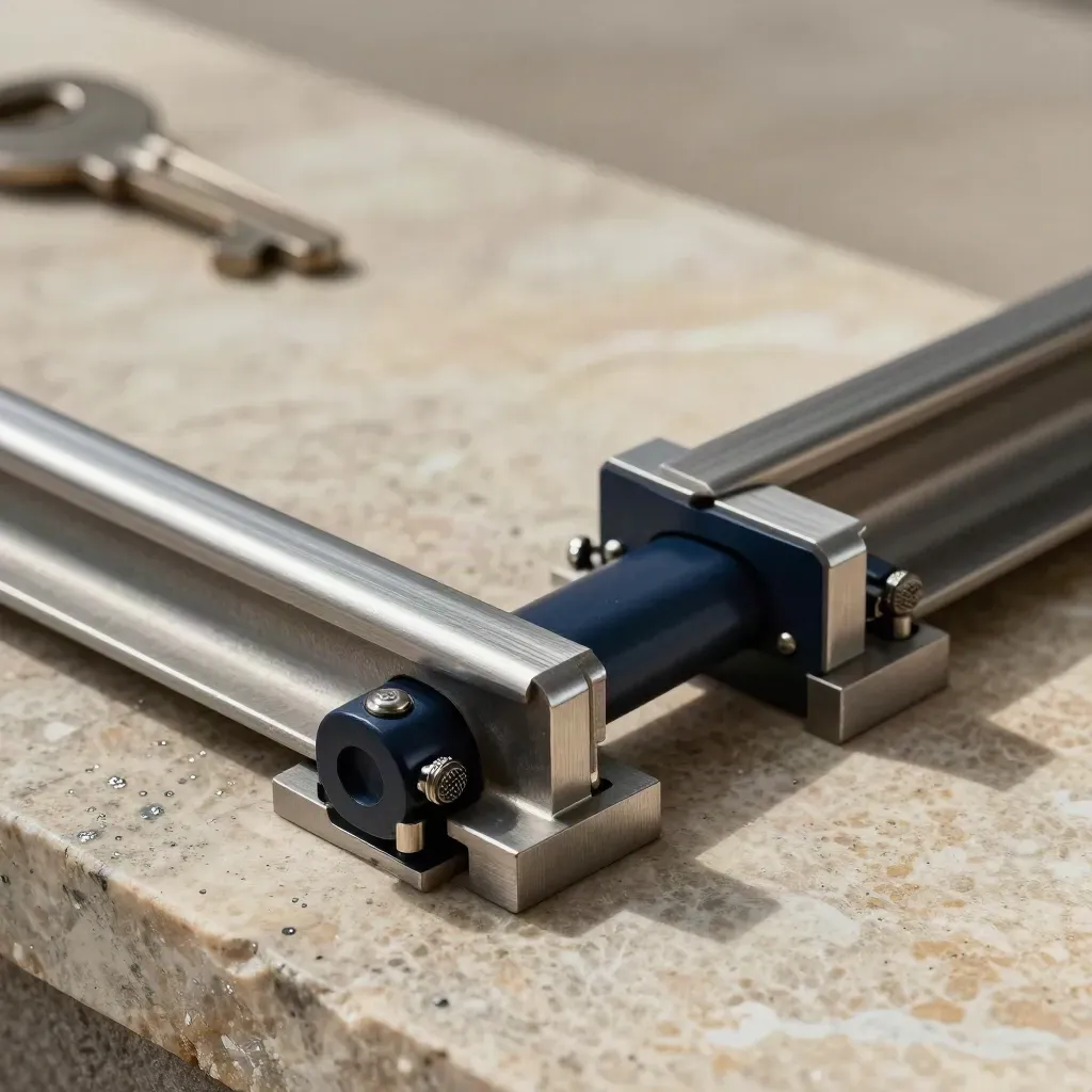 Aluminum rails and precision brackets on a limestone slab under hard upper-left light.