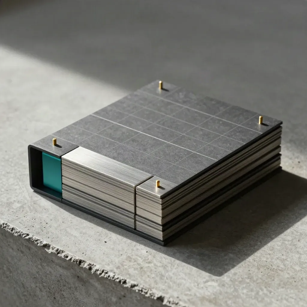 Top-down still life of slate modules, brass pins, and a folded grid on concrete, lit by hard side light.
