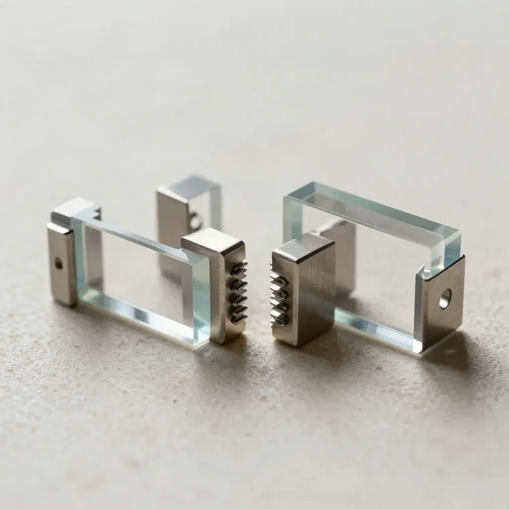 Top-down macro of acrylic joiners and metal spacers on pale stone in soft daylight.